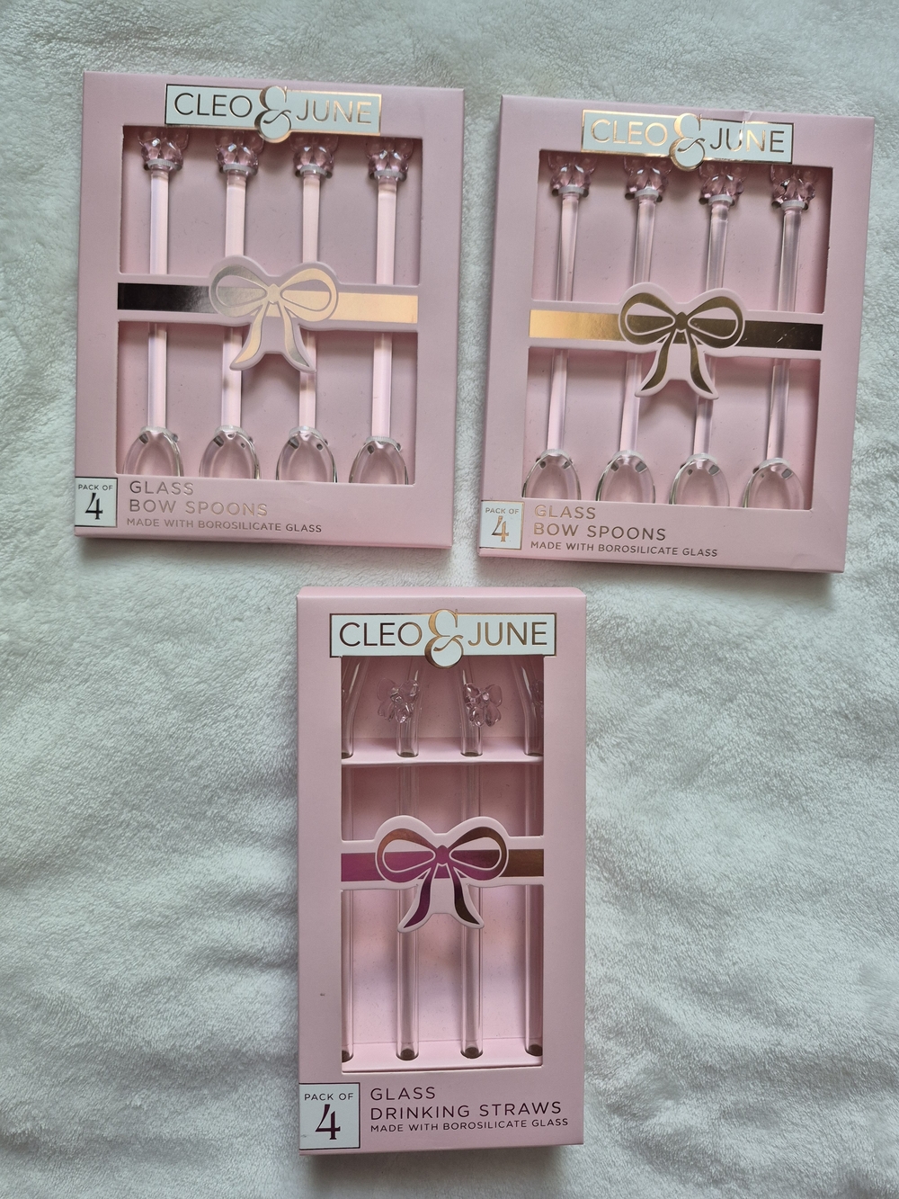 Cleo & June Pink Glass Bow Spoons and Straws – Set of 4